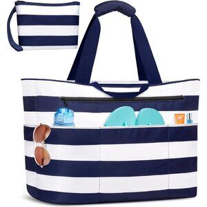 Women's Blue White Waterproof Sandproof Xl Tote Zipper Foldable Beach Bags